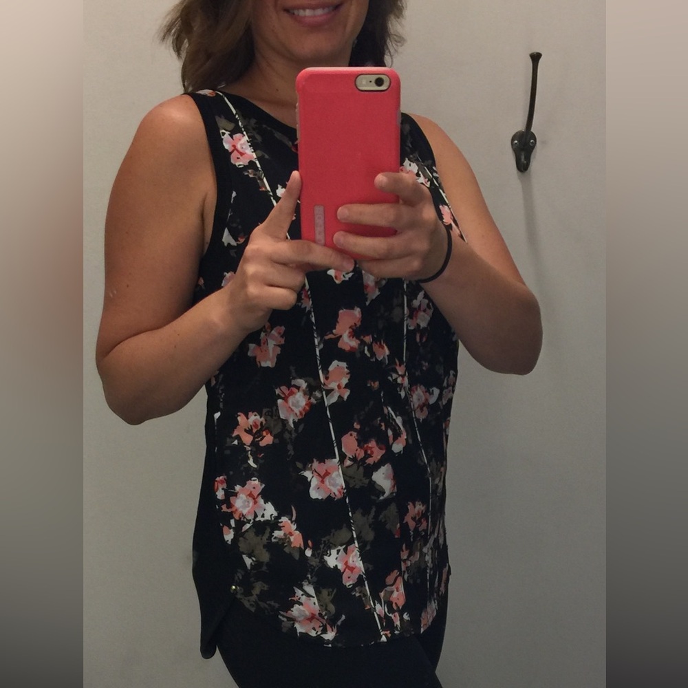 White House Black Market Floral Sleeveless Top - Black and Pink | S